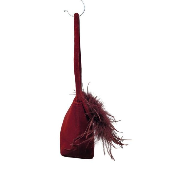 Vtg BeBe Red Maroon Wine Velvet Evening Bag Feather Fringe Formal Shoulder Bag - Picture 12 of 16
